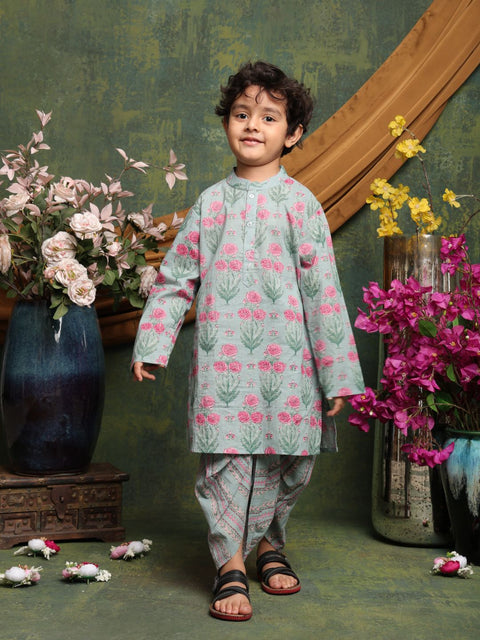 Saka Designs Boys' Light Green Kurta with Pink Floral Dhoti | Traditional Cotton Festive Wear