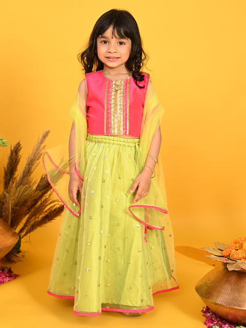 SAKA DESIGNS Girl Neon Green and Magenta Lehenga Choli with Dupatta