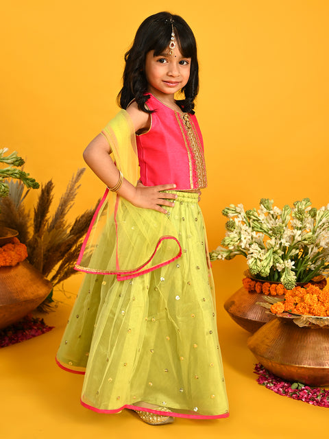 SAKA DESIGNS Girl Neon Green and Magenta Lehenga Choli with Dupatta