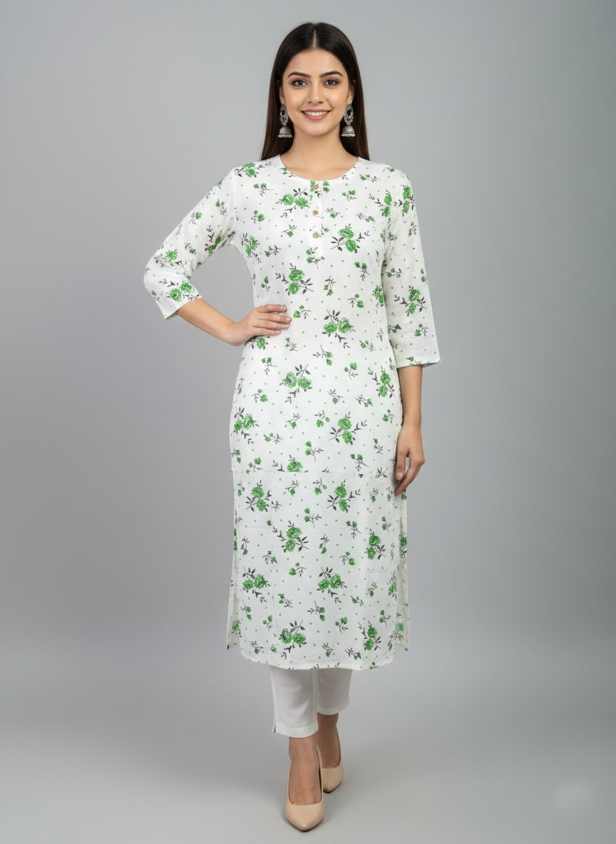 Saka Designs Printed 3/4 Sleeves Straight Kurti - White