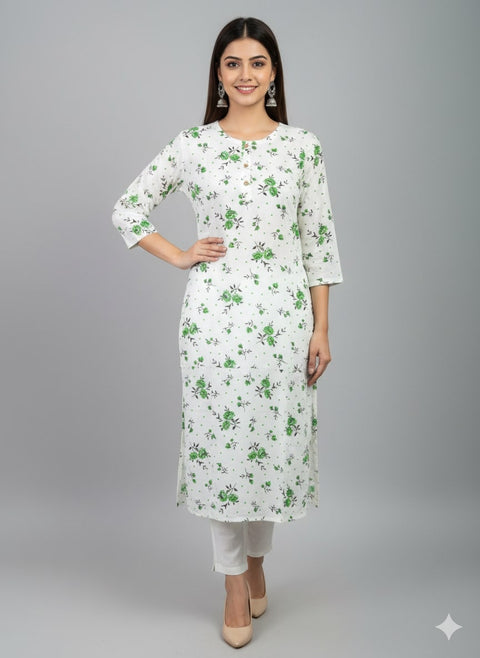 Saka Designs Rayon Printed 3/4 Sleeves Straight Kurti - White