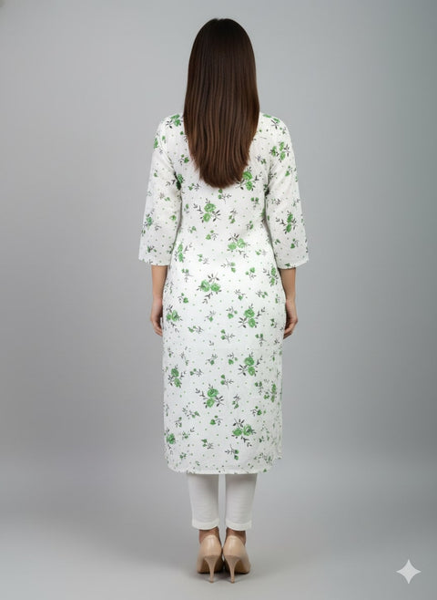 Saka Designs Rayon Printed 3/4 Sleeves Straight Kurti - White