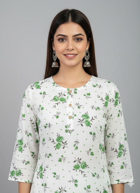 Saka Designs Rayon Printed 3/4 Sleeves Straight Kurti - White