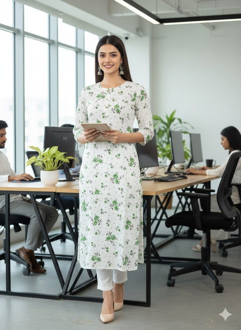 Saka Designs Rayon Printed 3/4 Sleeves Straight Kurti - White