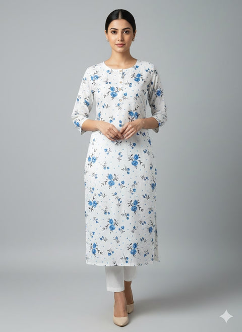 Saka Designs Rayon Printed 3/4 Sleeves Straight Kurti - White