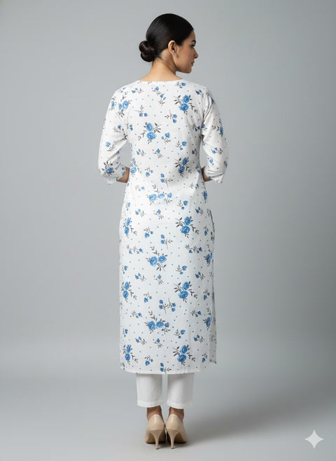 Saka Designs Rayon Printed 3/4 Sleeves Straight Kurti - White