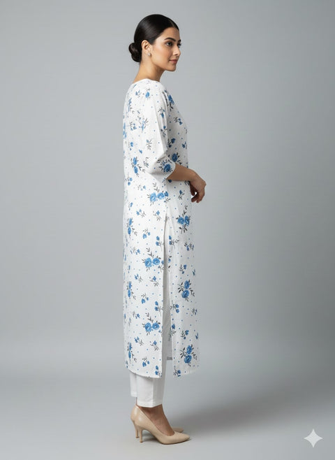 Saka Designs Rayon Printed 3/4 Sleeves Straight Kurti - White