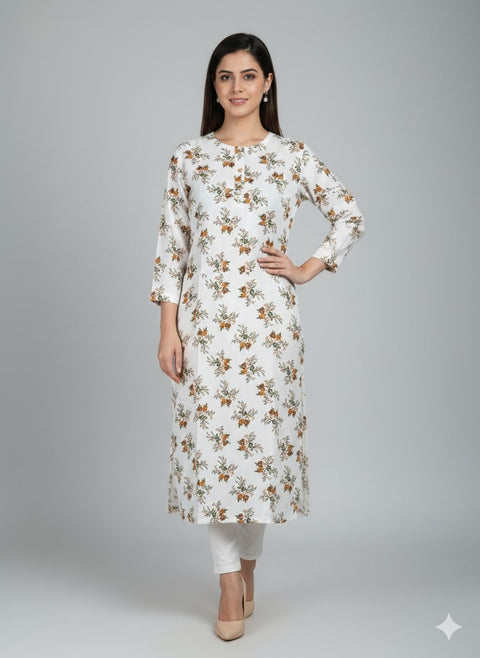 Saka Designs Rayon Printed 3/4 Sleeves Straight Kurti - White