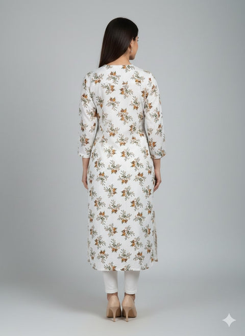 Saka Designs Rayon Printed 3/4 Sleeves Straight Kurti - White