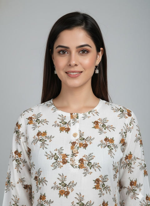 Saka Designs Rayon Printed 3/4 Sleeves Straight Kurti - White