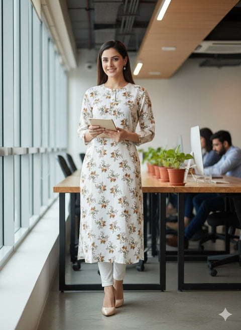 Saka Designs Rayon Printed 3/4 Sleeves Straight Kurti - White