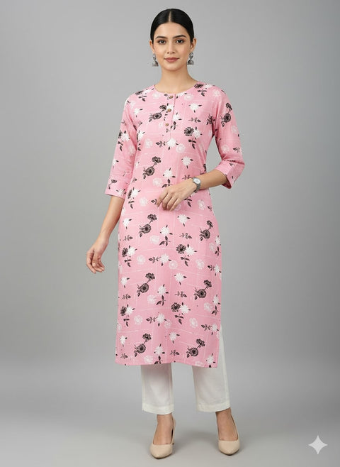 Saka Designs Rayon Printed 3/4 Sleeves Straight Kurti - Pink