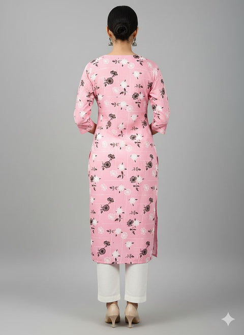 Saka Designs Rayon Printed 3/4 Sleeves Straight Kurti - Pink