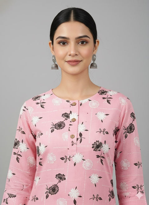 Saka Designs Rayon Printed 3/4 Sleeves Straight Kurti - Pink