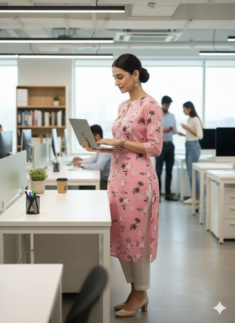 Saka Designs Rayon Printed 3/4 Sleeves Straight Kurti - Pink