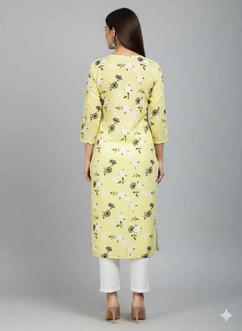 Saka Designs Rayon Printed 3/4 Sleeves Straight Kurti - Yellow