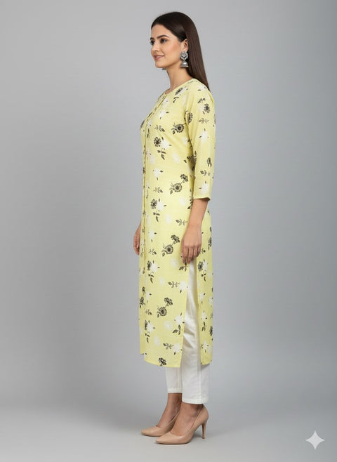 Saka Designs Rayon Printed 3/4 Sleeves Straight Kurti - Yellow