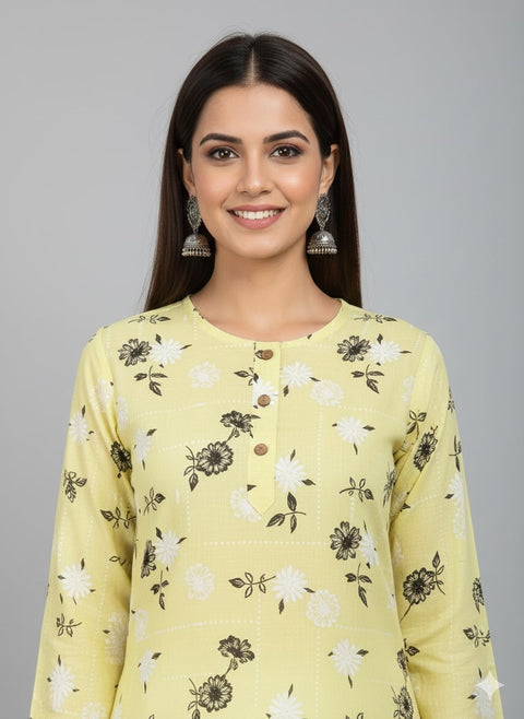 Saka Designs Rayon Printed 3/4 Sleeves Straight Kurti - Yellow