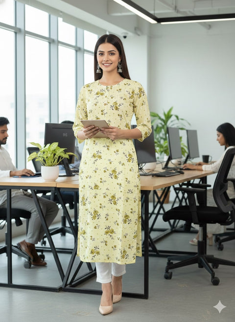 Saka Designs Rayon Printed 3/4 Sleeves Straight Kurti - Yellow