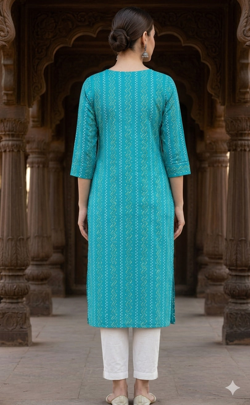 Women Blue Straight Printed 3/4th Sleeves 100% Cotton Kurti (Kurti-57)