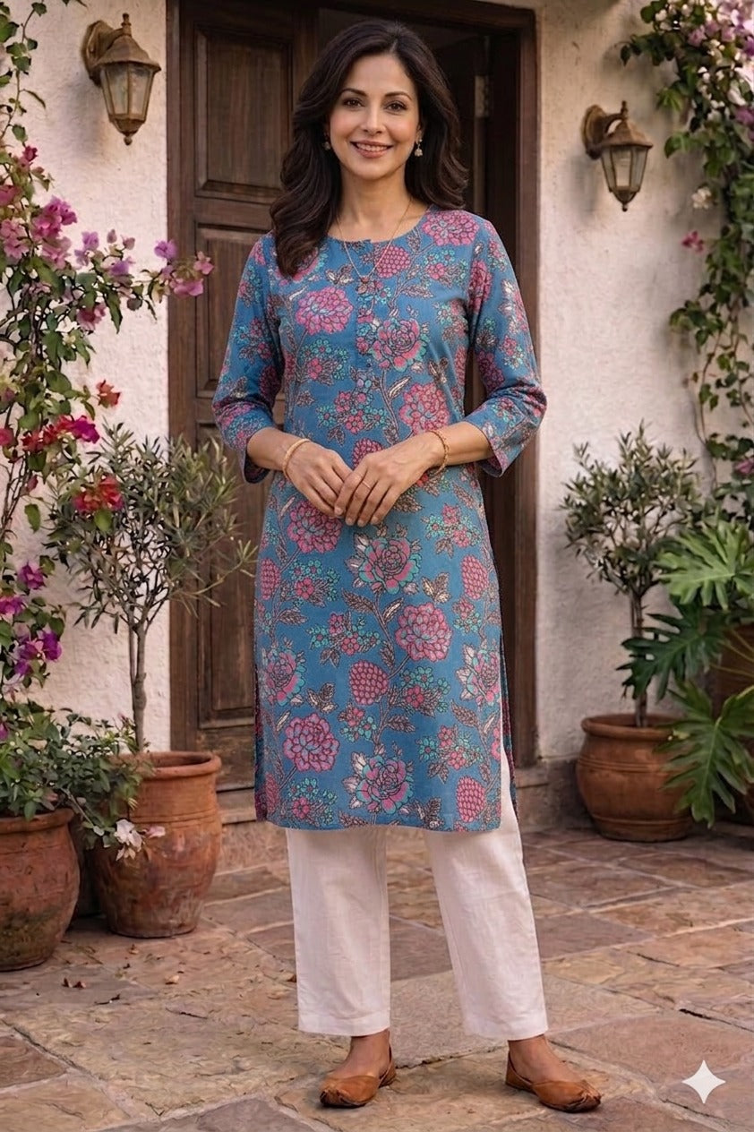Women 100% Cotton 3/4th sleeves Printed Kurti (Kurti-61)