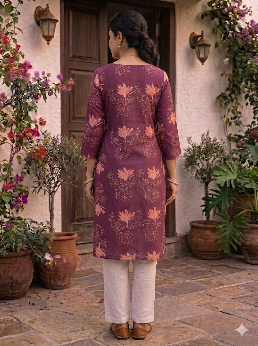 Women wine colour 100% Cotton 3/4th sleeves Printed Kurti (Kurti-75)