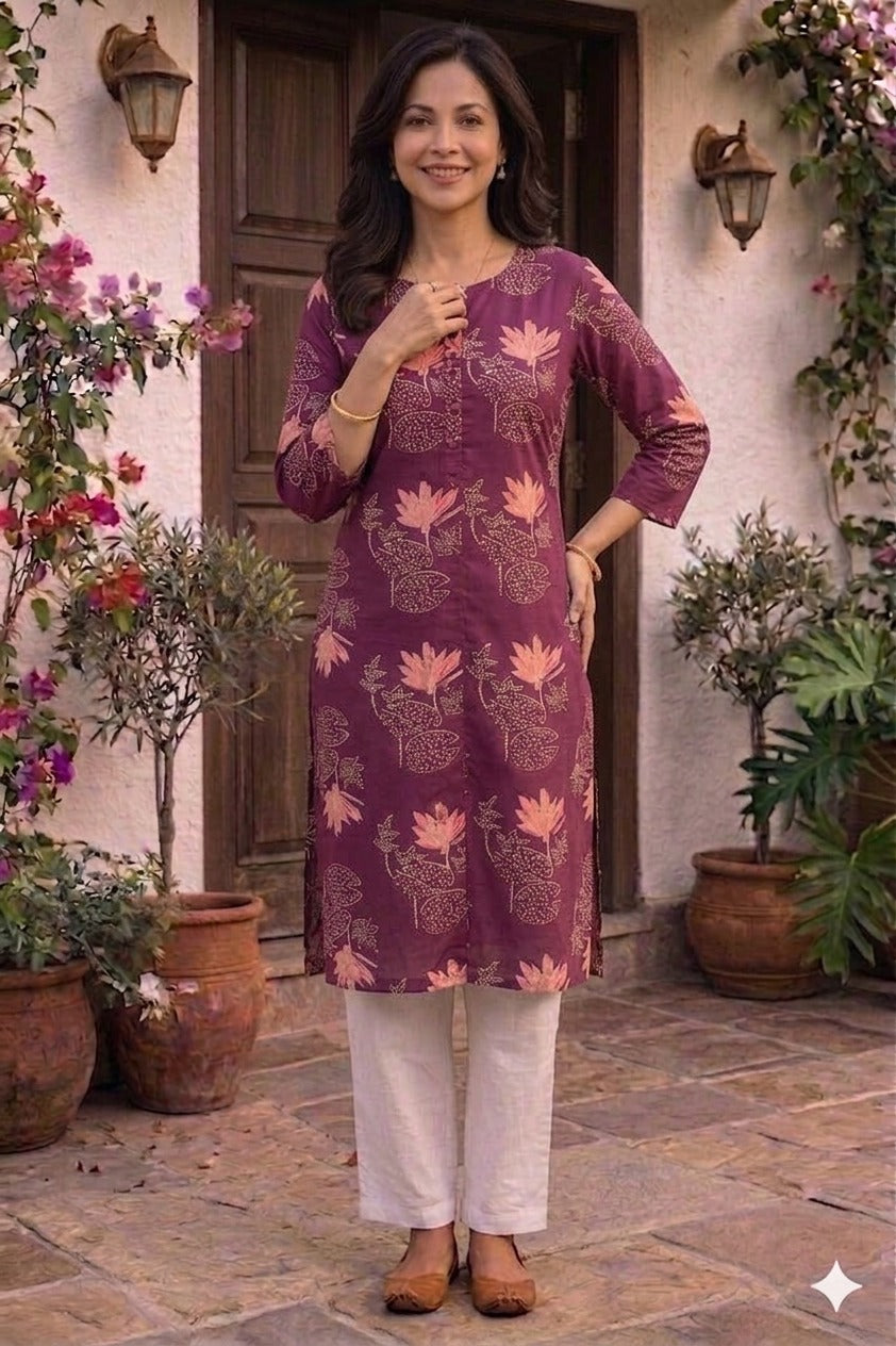 Women wine colour 100% Cotton 3/4th sleeves Printed Kurti (Kurti-75)