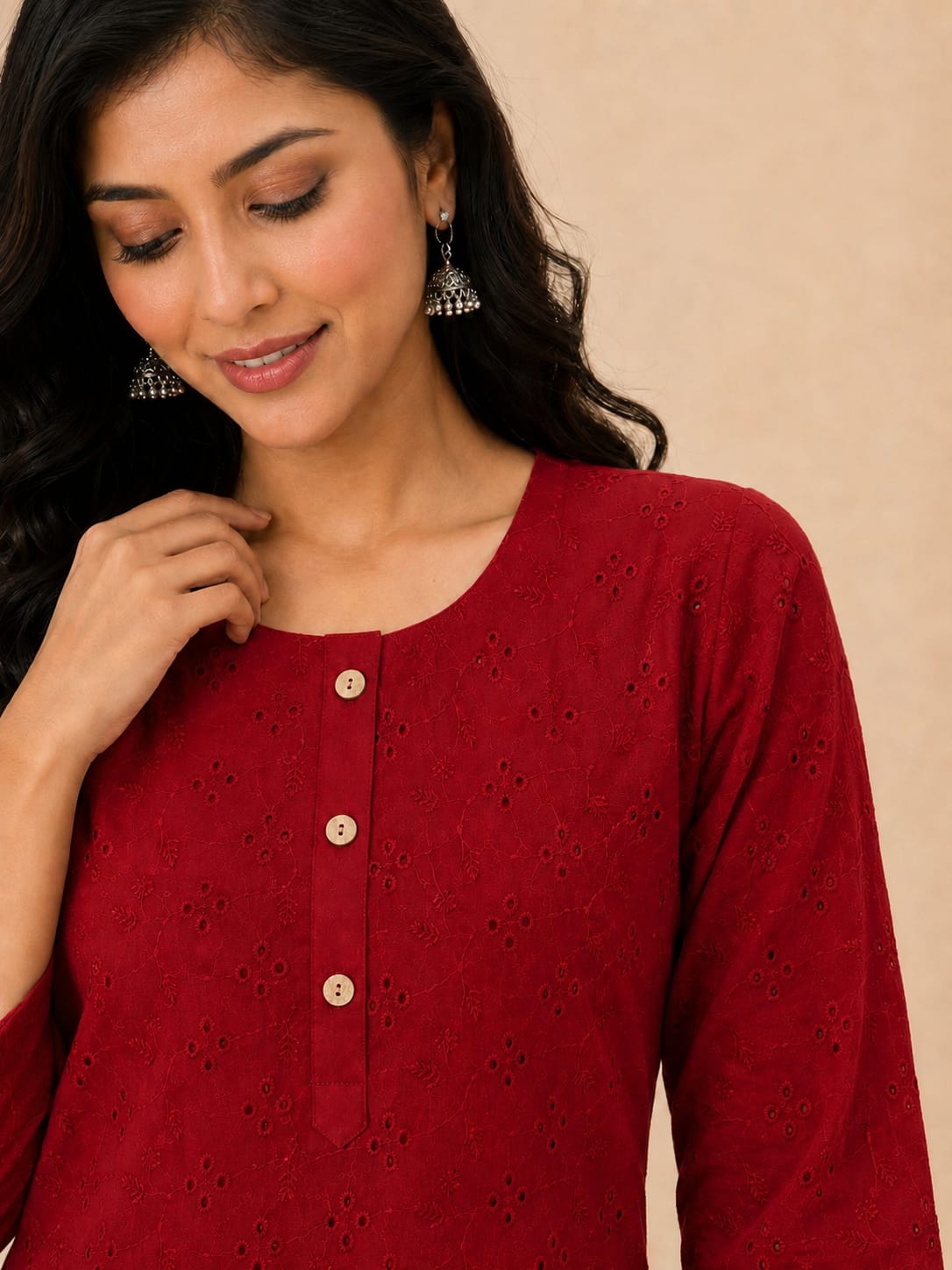 Women 100% Cotton Embroidered Kurti - Mahroon (Kurti-76)