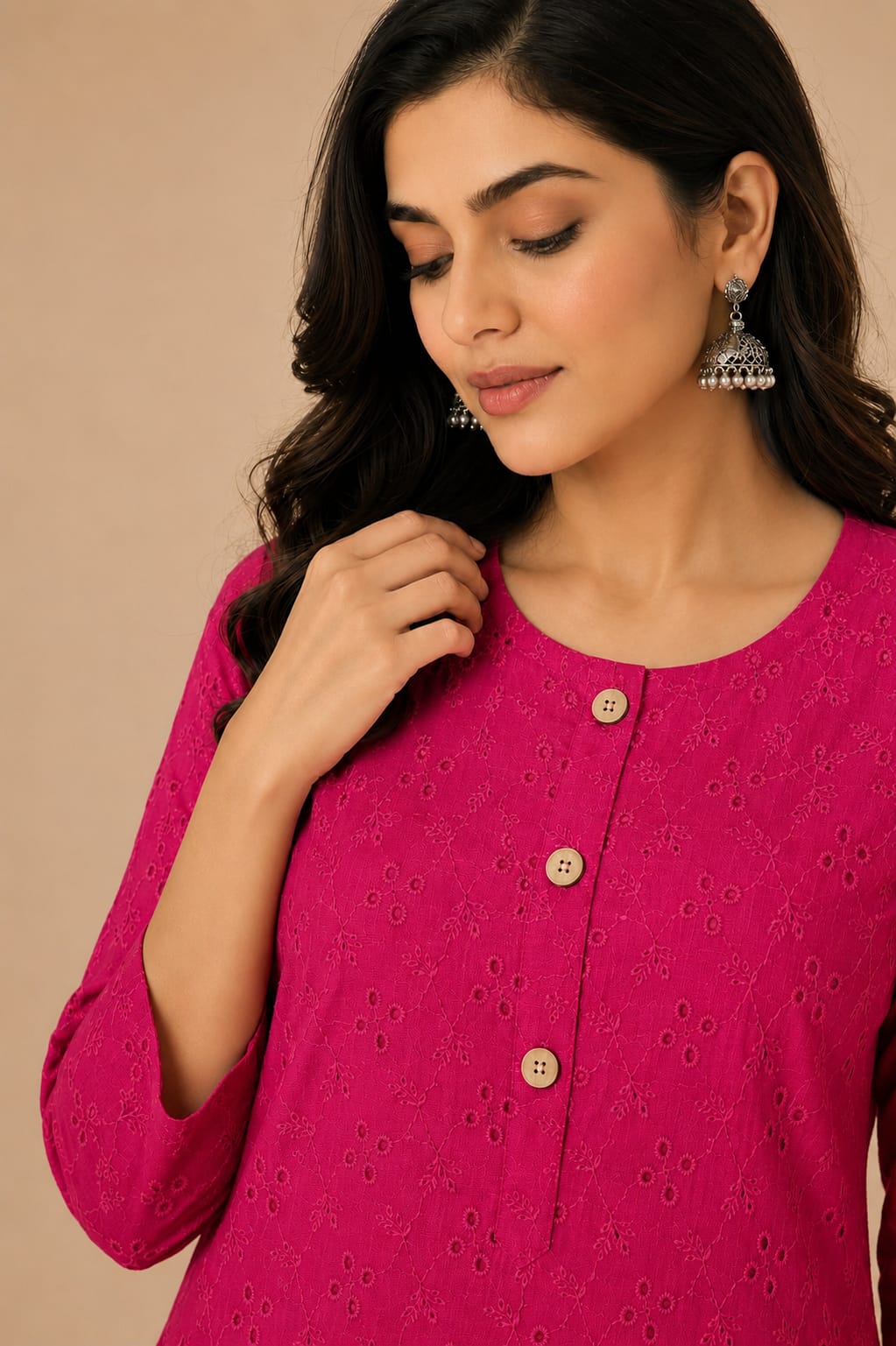 Women 100% Cotton Embroidered Kurti - Pink (Kurti-77)