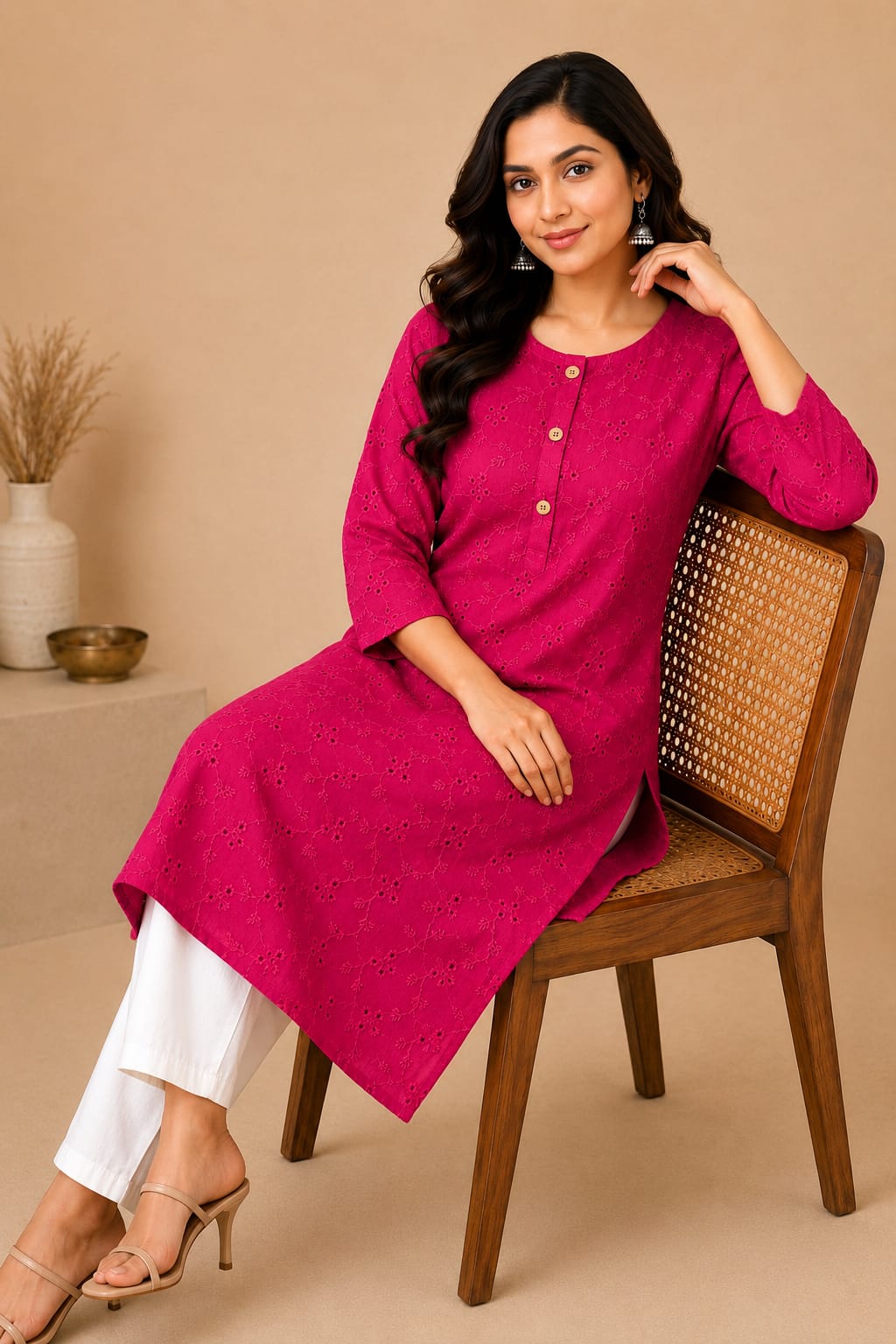 Women 100% Cotton Embroidered Kurti - Pink (Kurti-77)