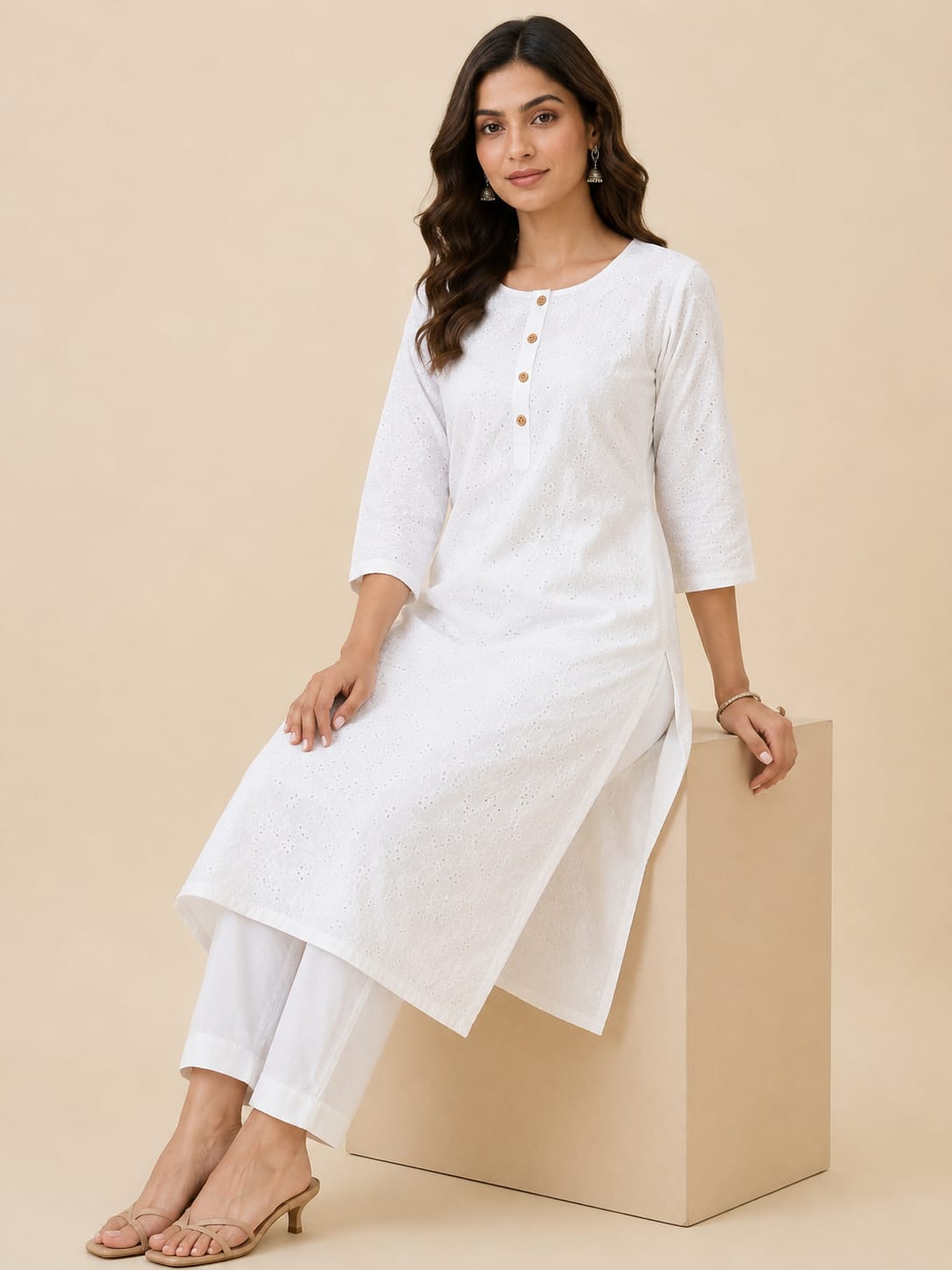 Women 100% Cotton Embroidered Kurti - White (Kurti-78)