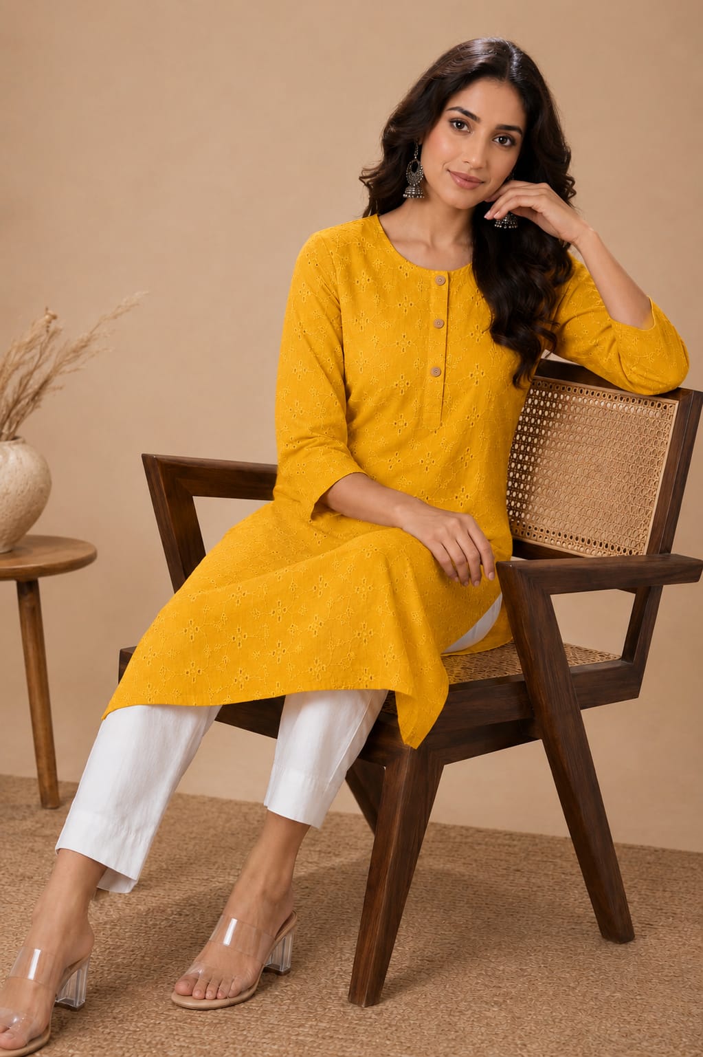 Women 100% Cotton Embroidered Kurti - Yellow (Kurti-79)