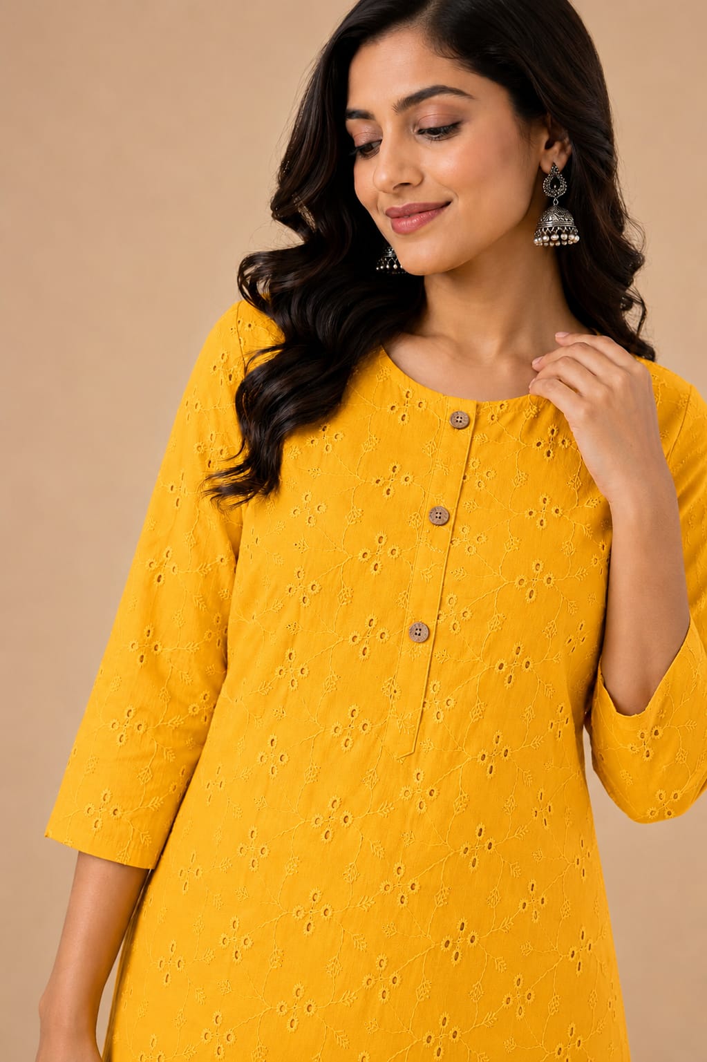 Women 100% Cotton Embroidered Kurti - Yellow (Kurti-79)