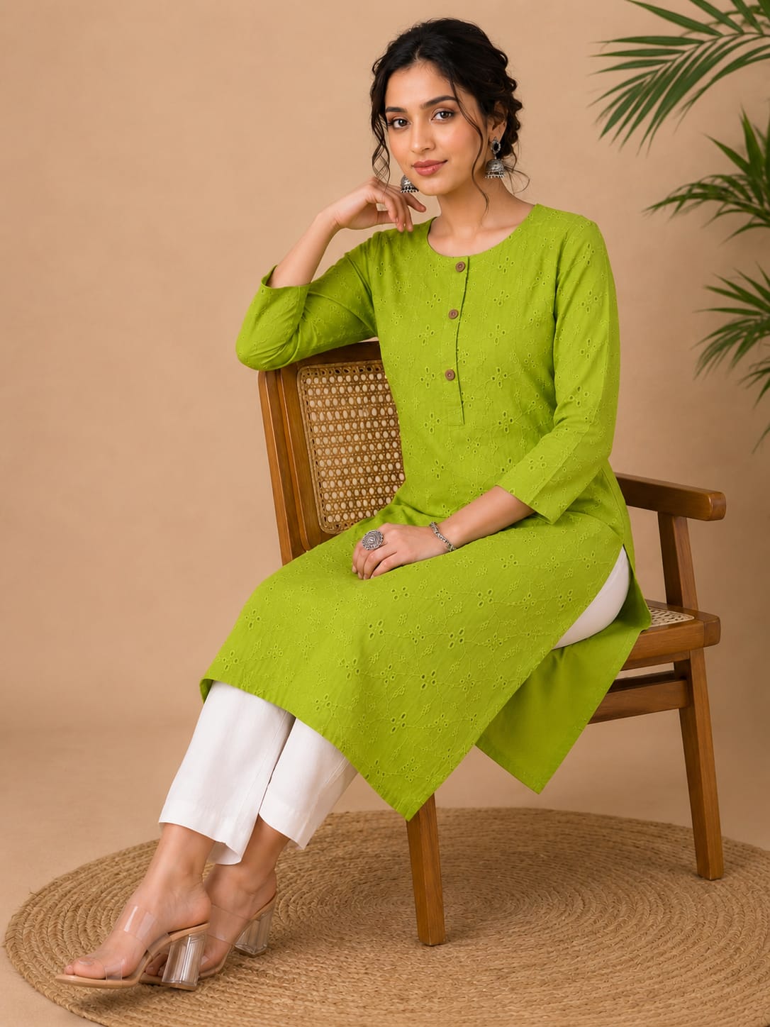Women 100% Cotton Embroidered Kurti - Lime Green (Kurti-80)