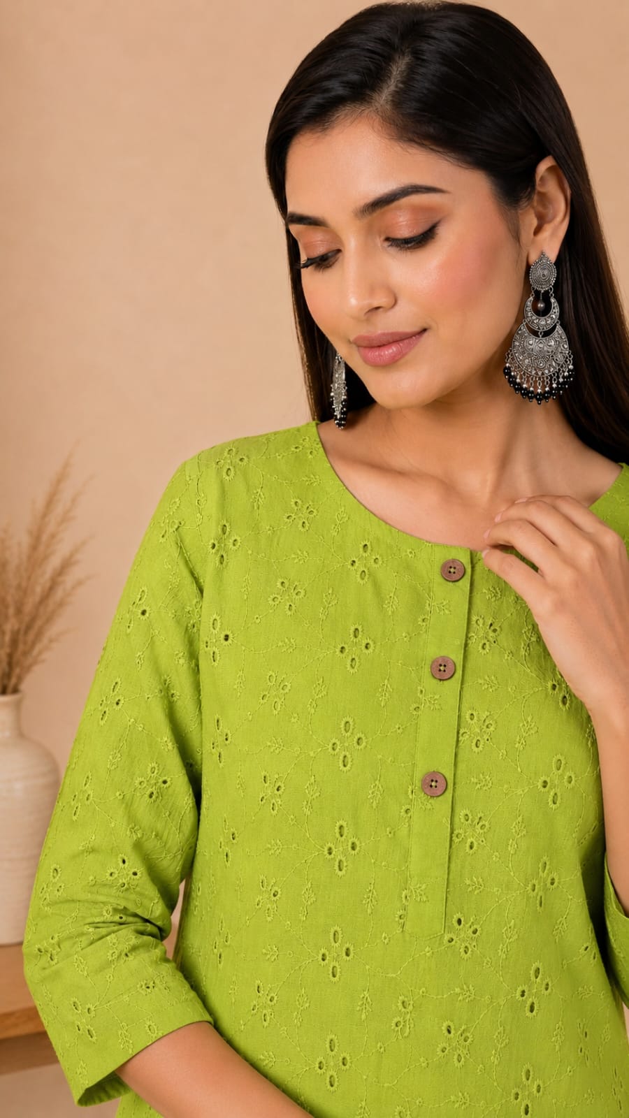 Women 100% Cotton Embroidered Kurti - Lime Green (Kurti-80)