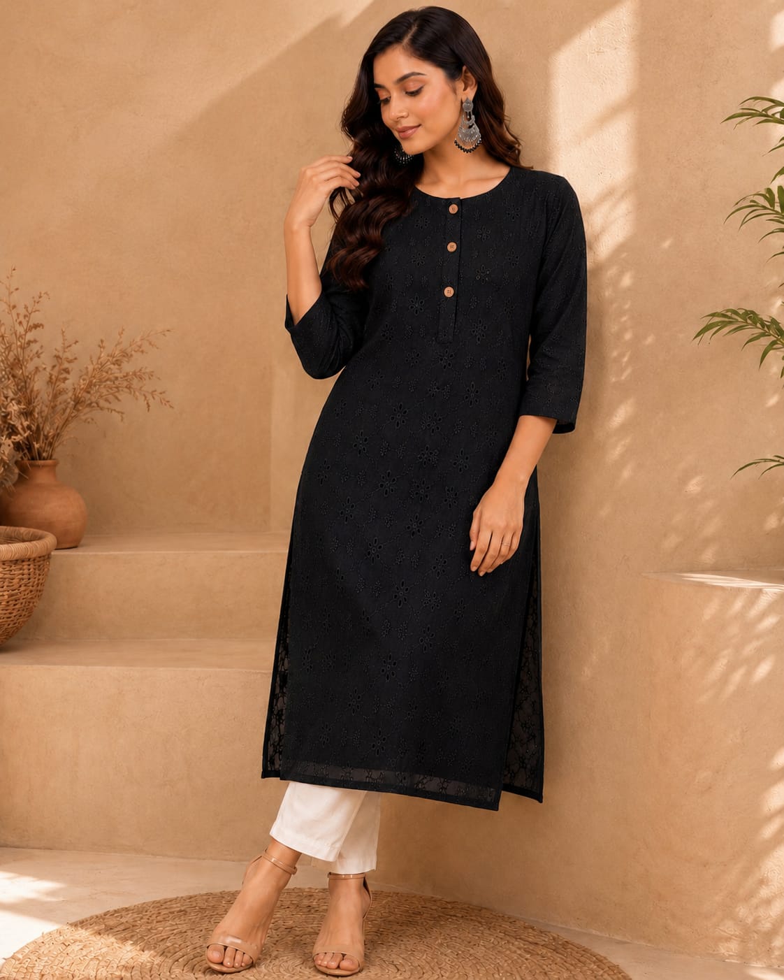 Women 100% Cotton Embroidered Kurti - Black  (Kurti-81)