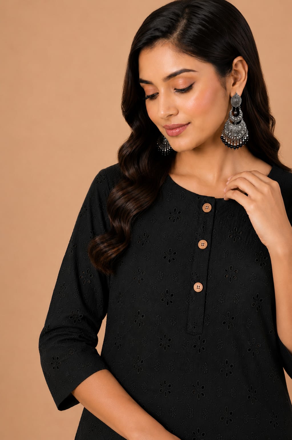 Women 100% Cotton Embroidered Kurti - Black  (Kurti-81)