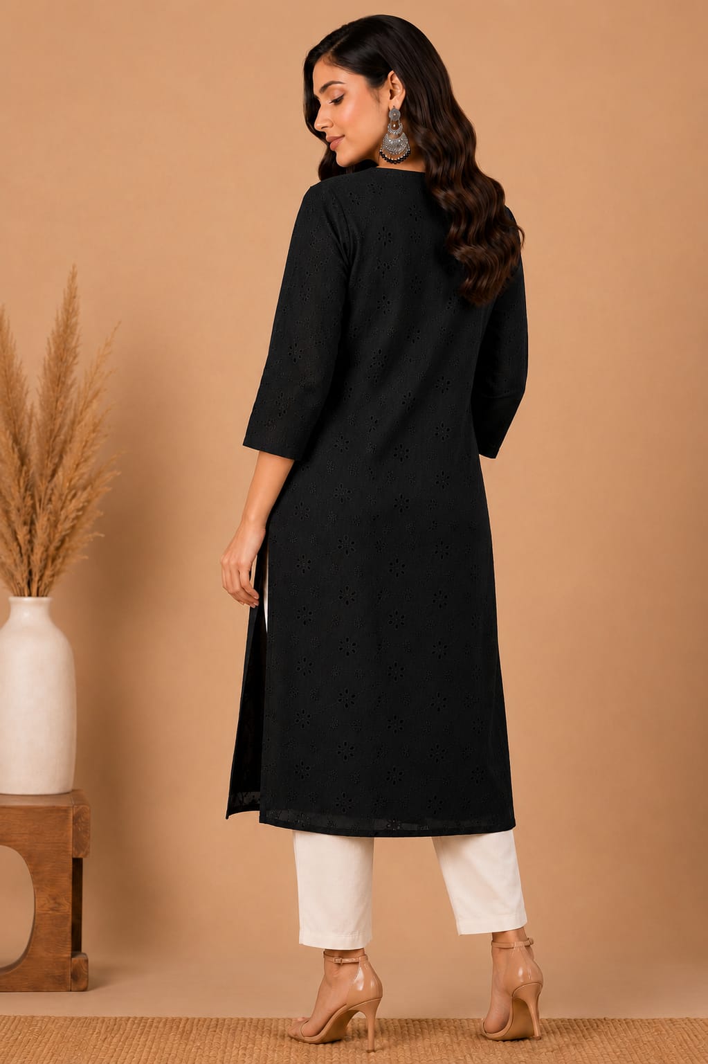 Women 100% Cotton Embroidered Kurti - Black  (Kurti-81)