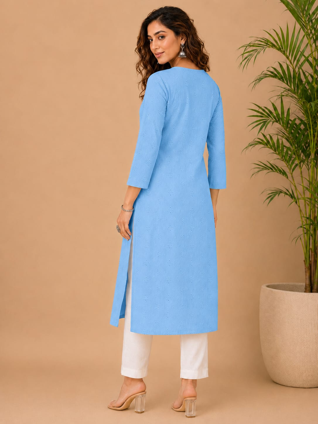 Women 100% Cotton Embroidered Kurti - Sky Blue(Kurti-82)