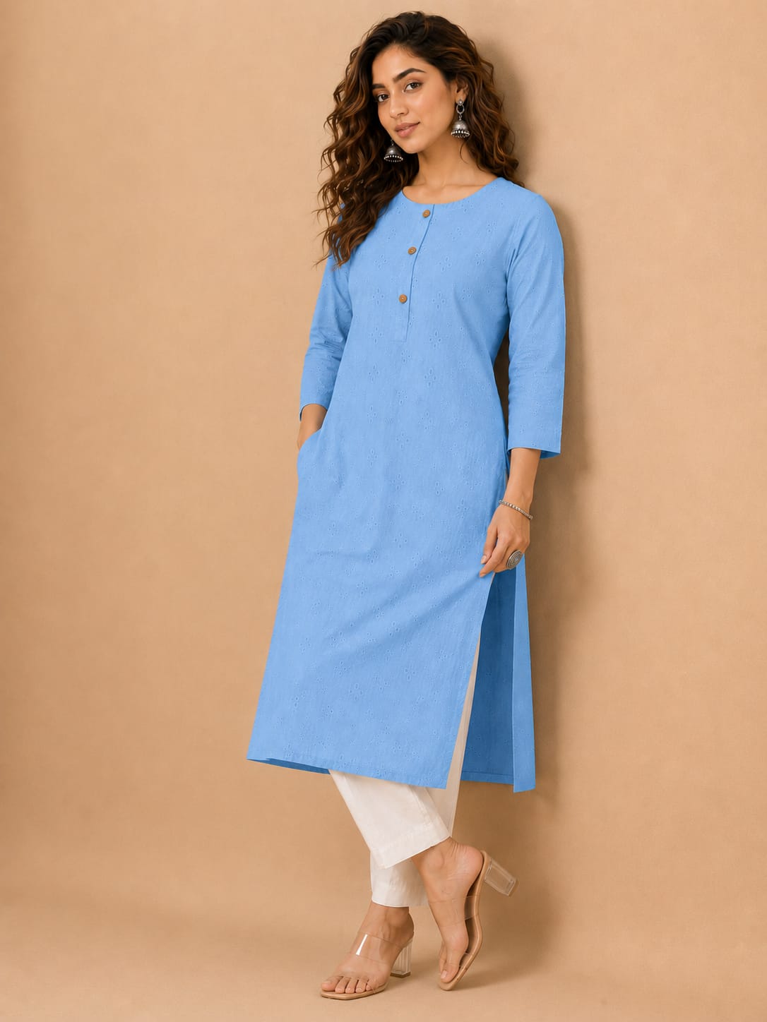 Women 100% Cotton Embroidered Kurti - Sky Blue(Kurti-82)