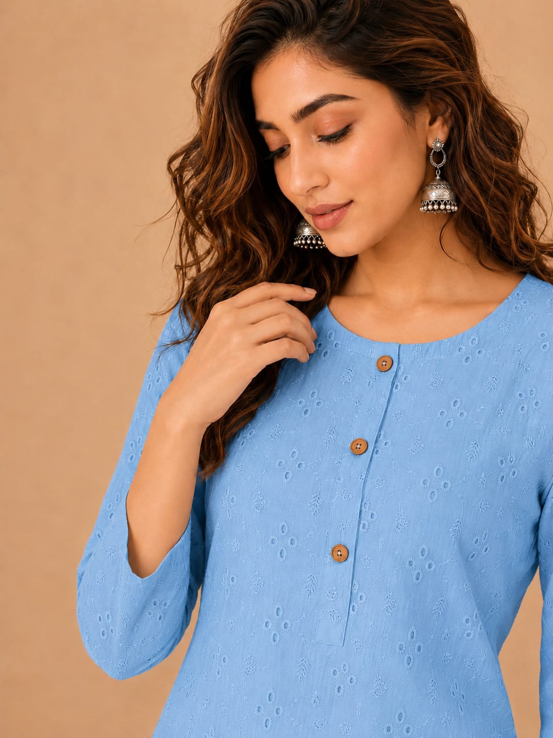 Women 100% Cotton Embroidered Kurti - Sky Blue(Kurti-82)