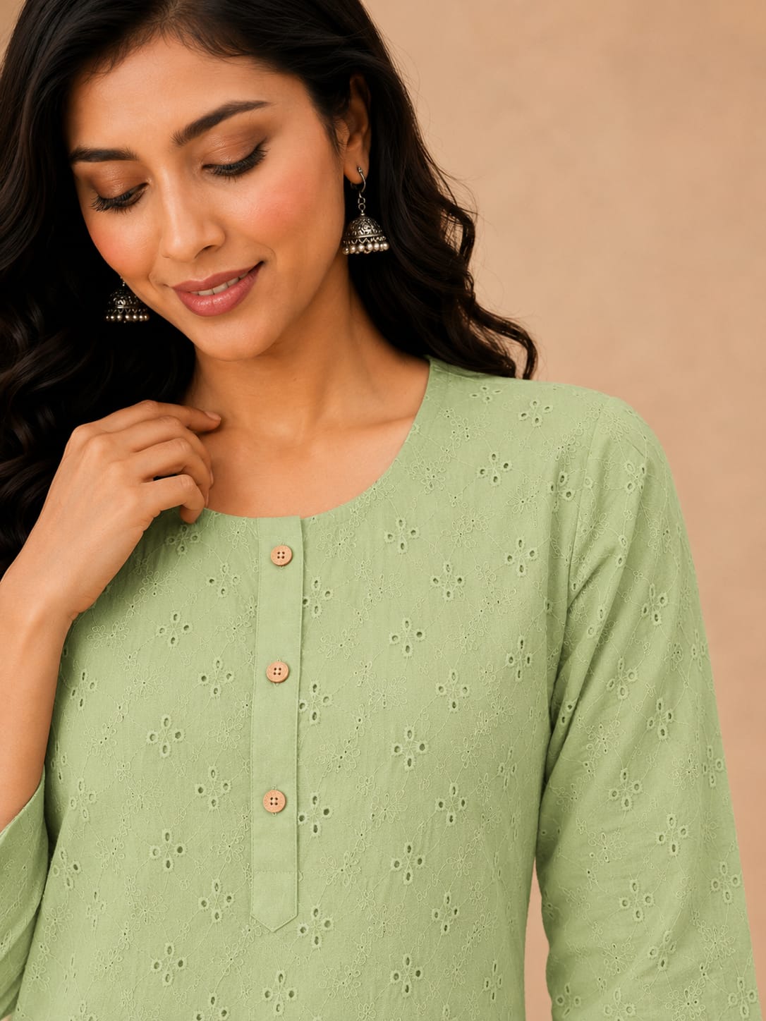 Women 100% Cotton Embroidered Kurti -Pastel Green (Kurti-83)