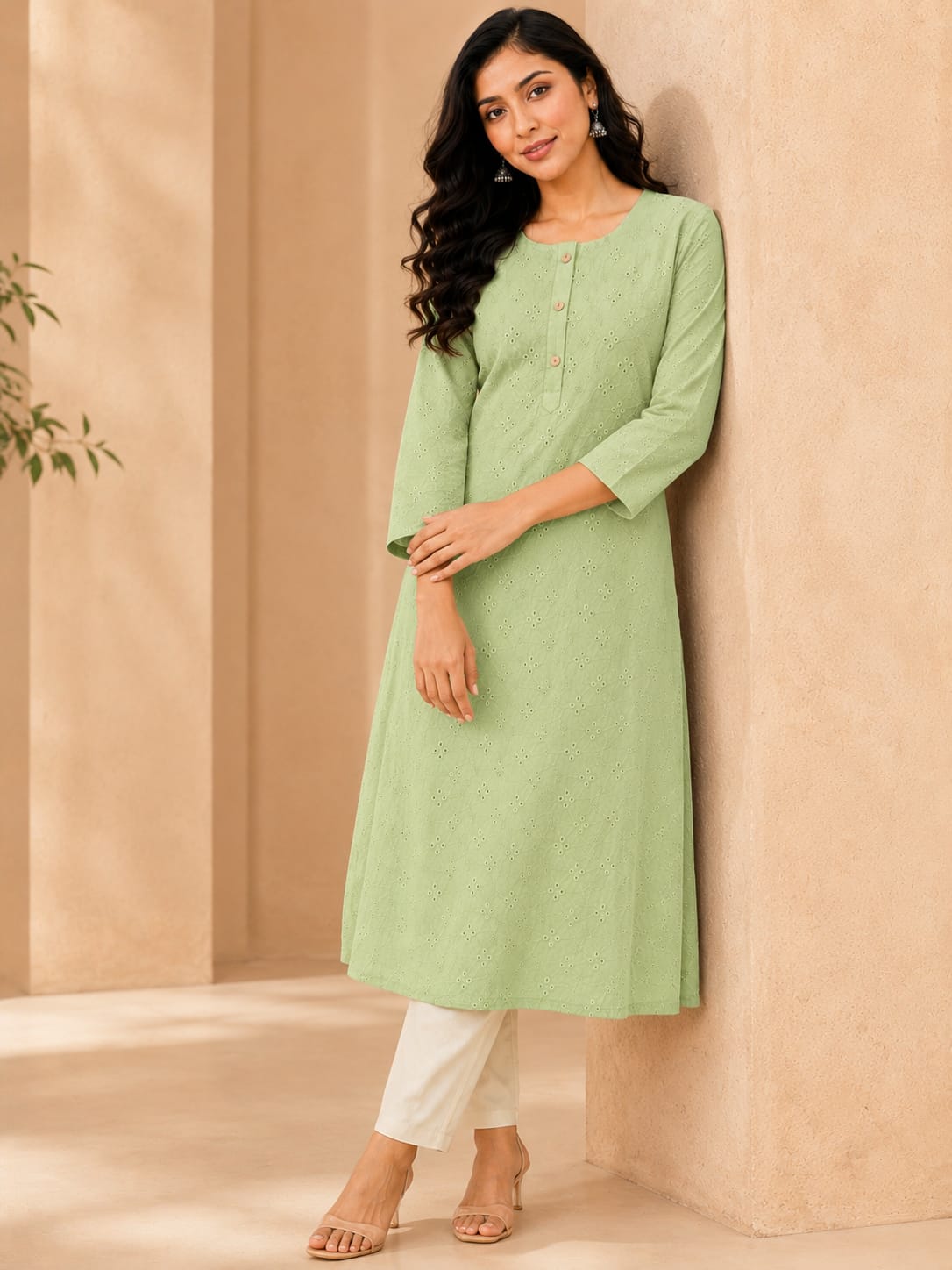 Women 100% Cotton Embroidered Kurti -Pastel Green (Kurti-83)