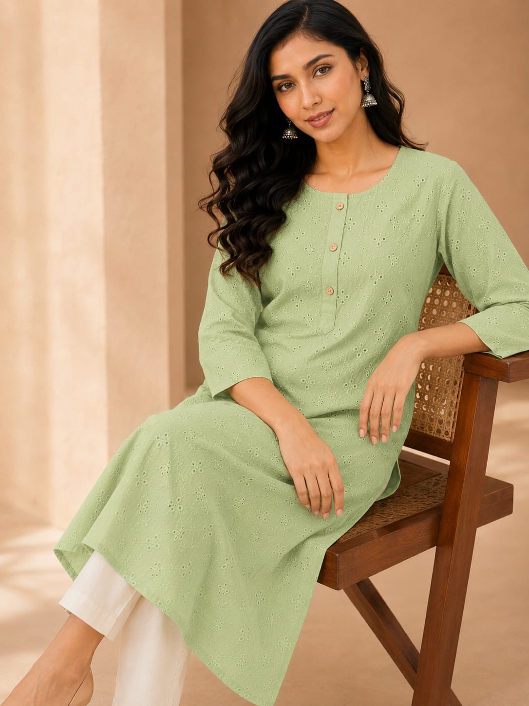 Women 100% Cotton Embroidered Kurti -Pastel Green (Kurti-83)