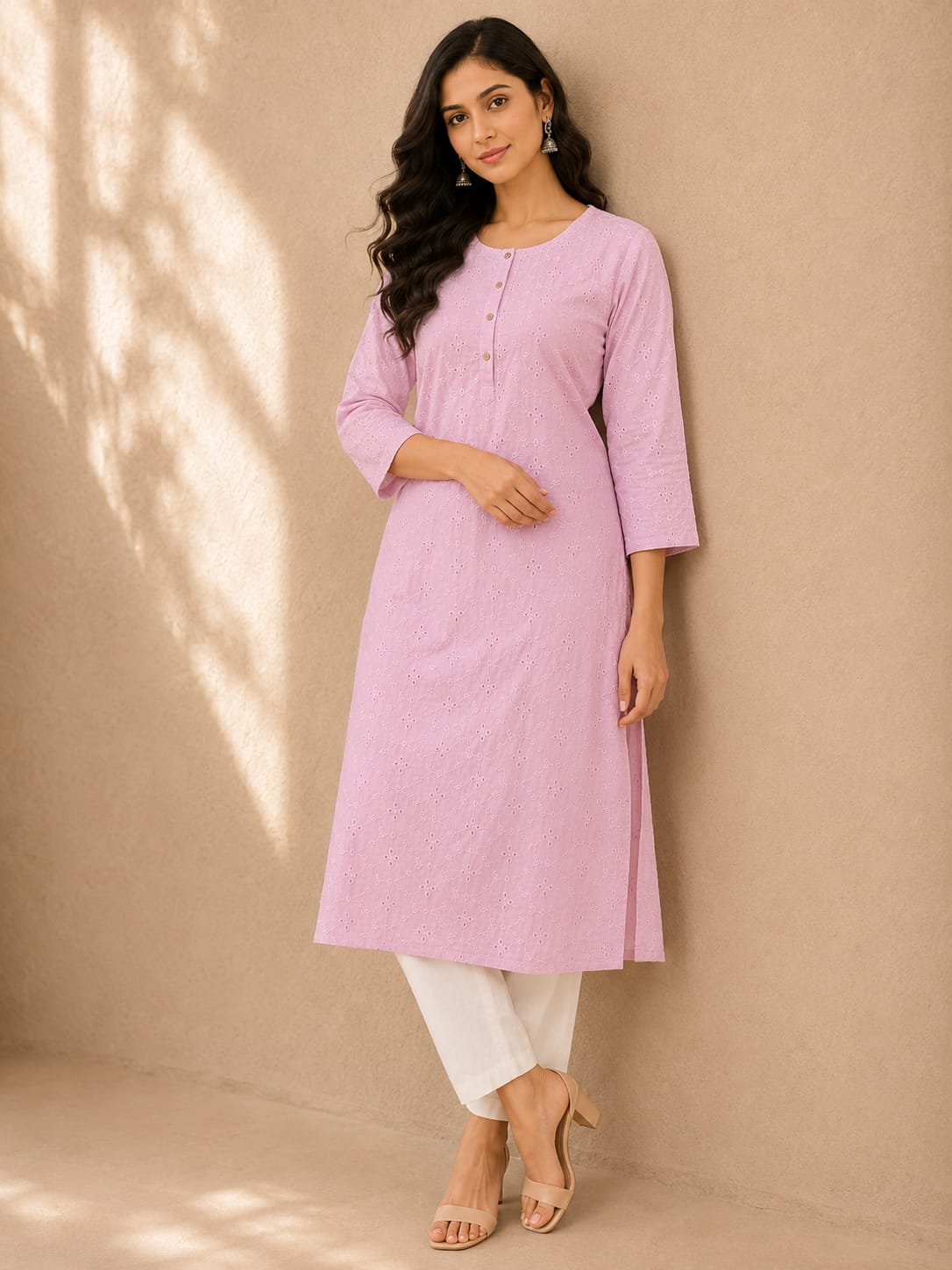 Women 100% Cotton Embroidered Kurti - Pink(Kurti-84)