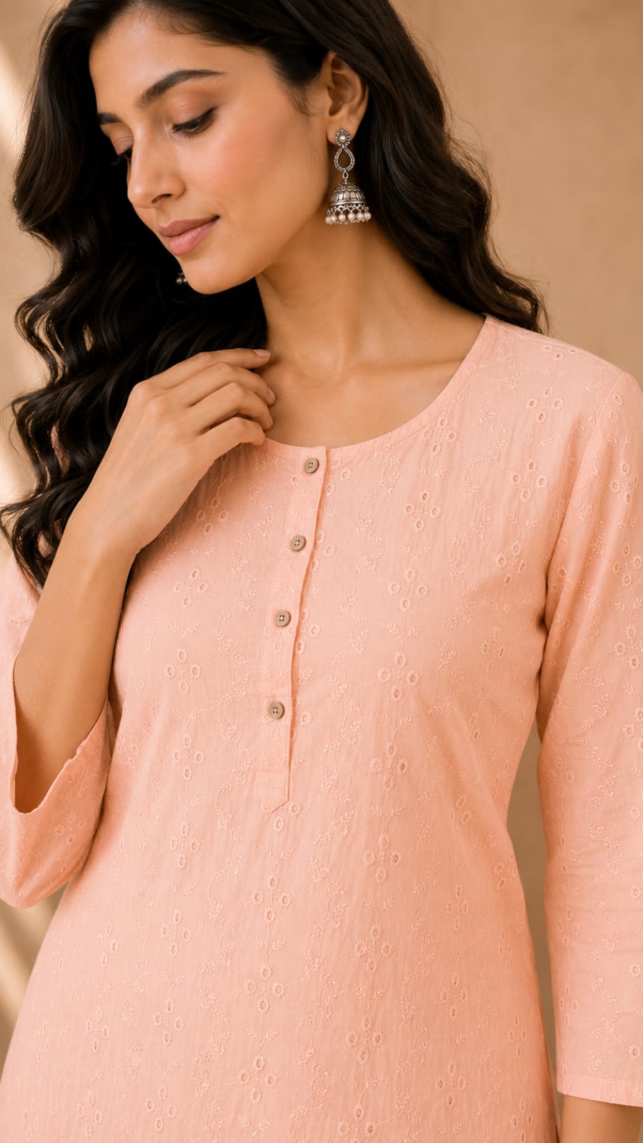 Women 100% Cotton Embroidered Kurti - Peach (Kurti-85)