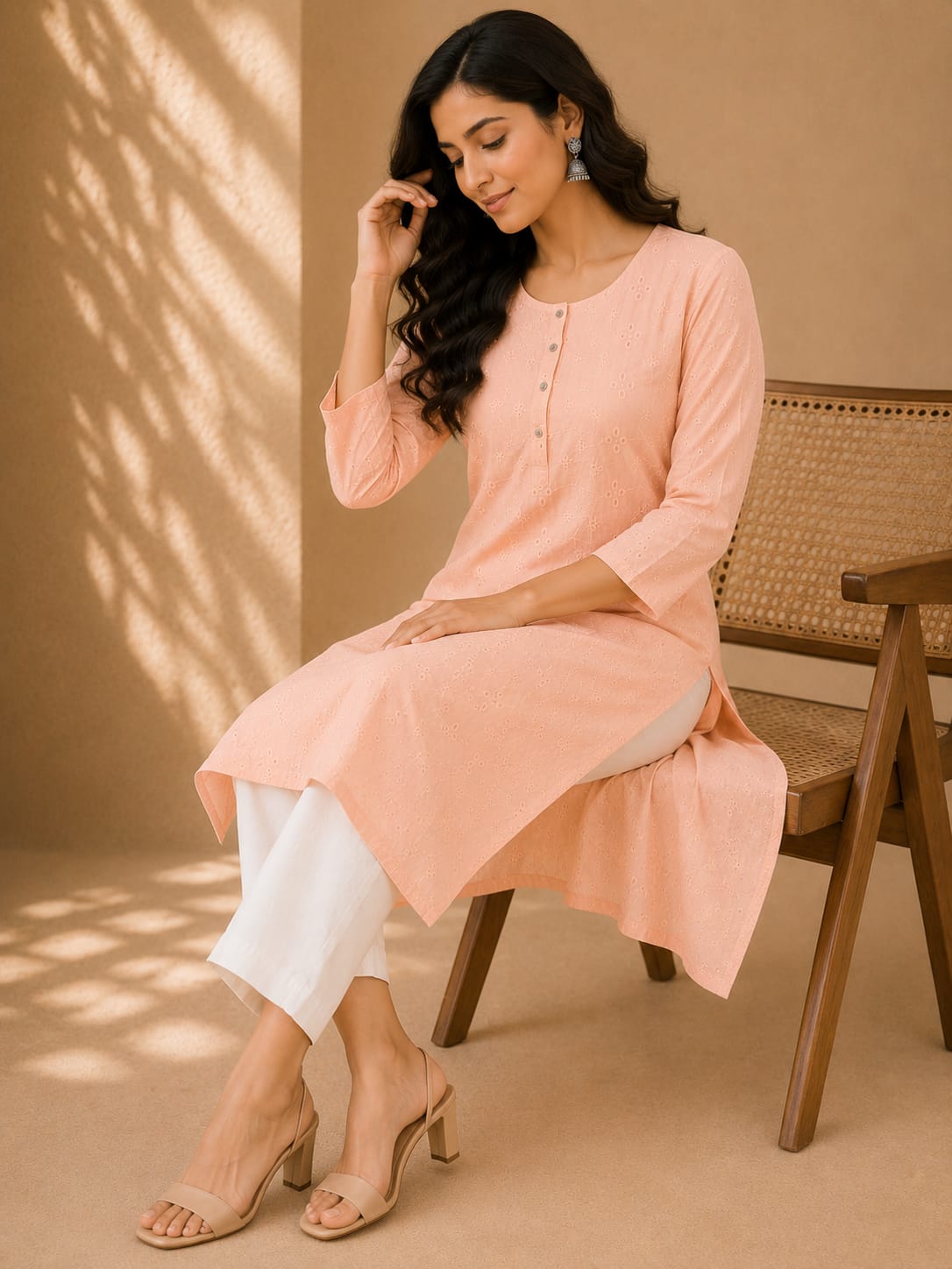 Women 100% Cotton Embroidered Kurti - Peach (Kurti-85)