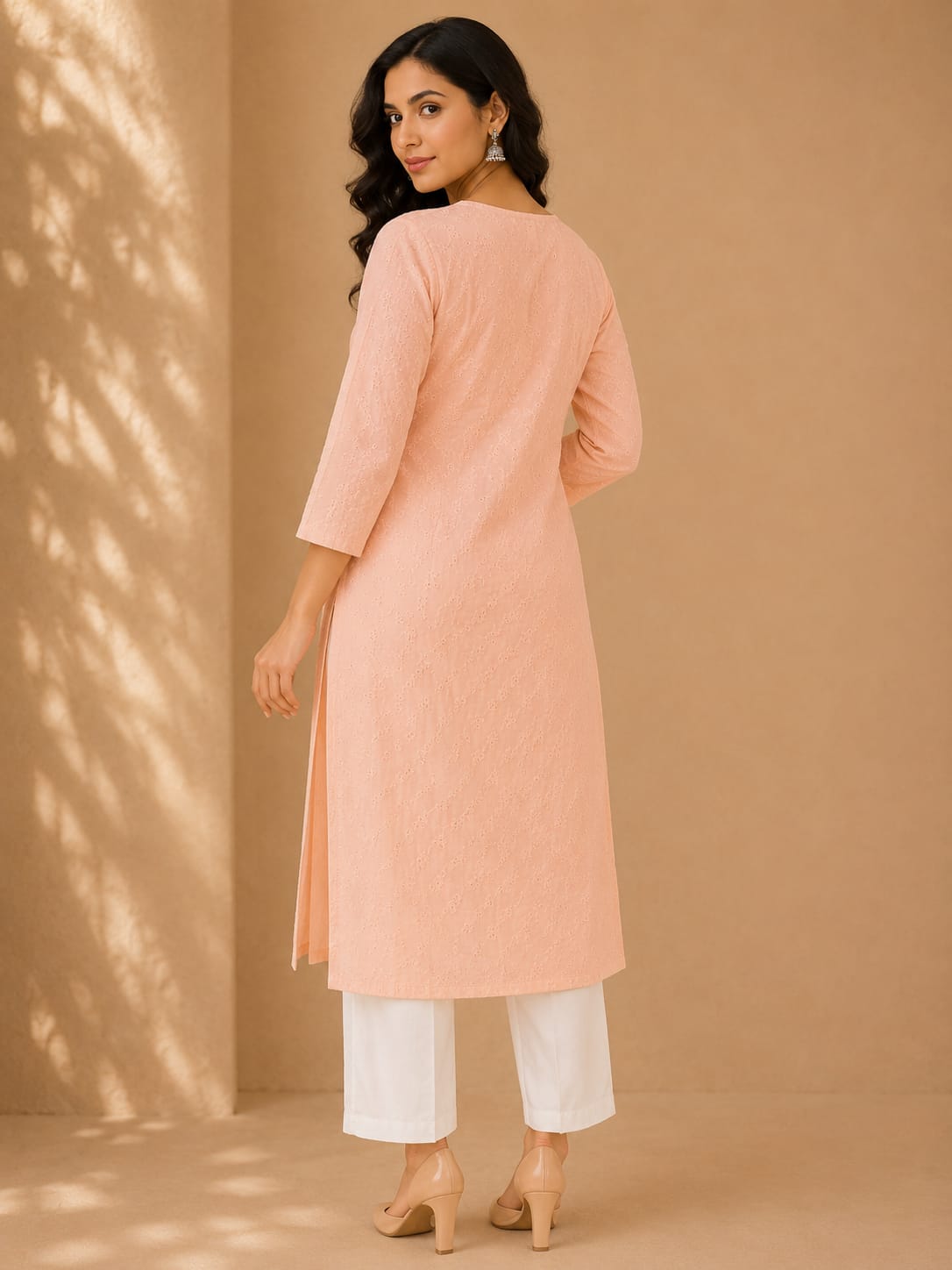 Women 100% Cotton Embroidered Kurti - Peach (Kurti-85)