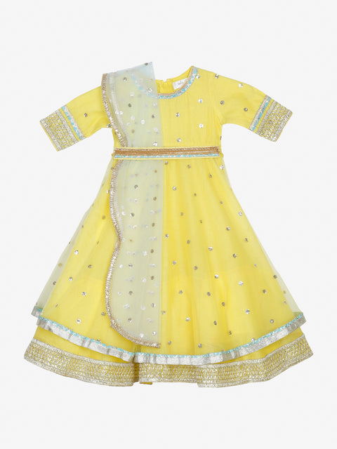 Saka Designs Yellow Girl's Maxi Dress/Gown With Dupatta & Belt