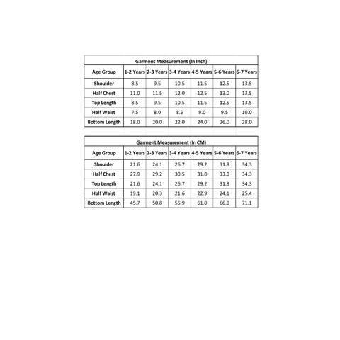Measurement chart for children's clothing in both inches and centimeters.